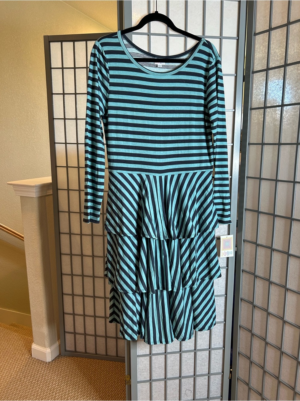 NWT LuLaRoe Georgia Striped Tiered Long-Sleeve Dress in Teal and Denim Blue